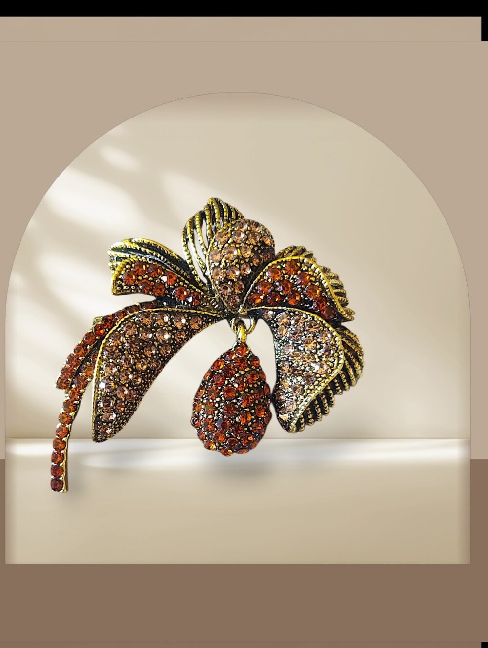 Leaf & Amber Rhinestone Teardrop Brooch
